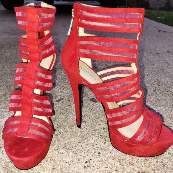 BeBe Open Toe 7" in Cherry Red Stiletto heels - Picture 6 of 7